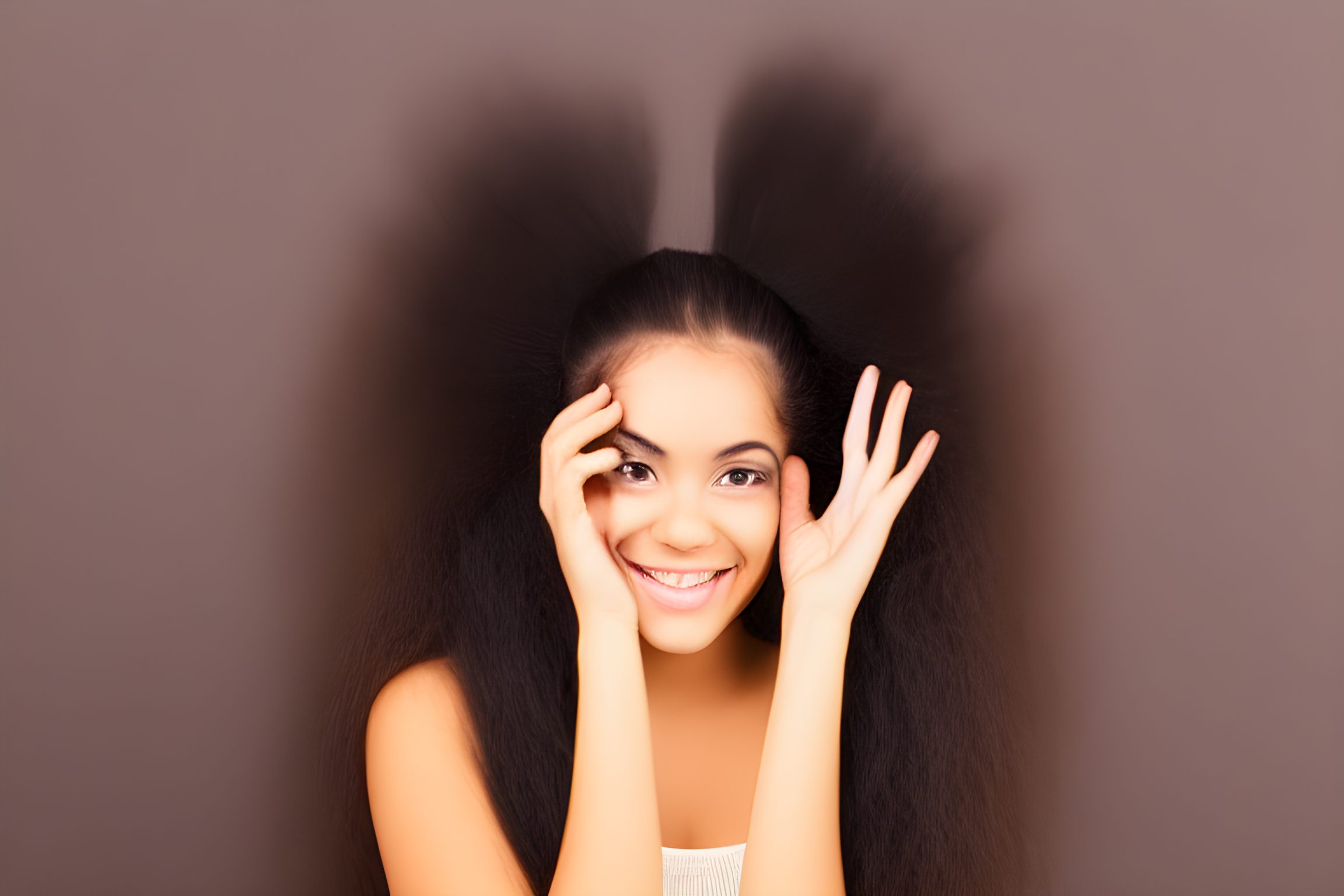 girl with brazilian hair asking questions, question mark, hair salon, brown black background